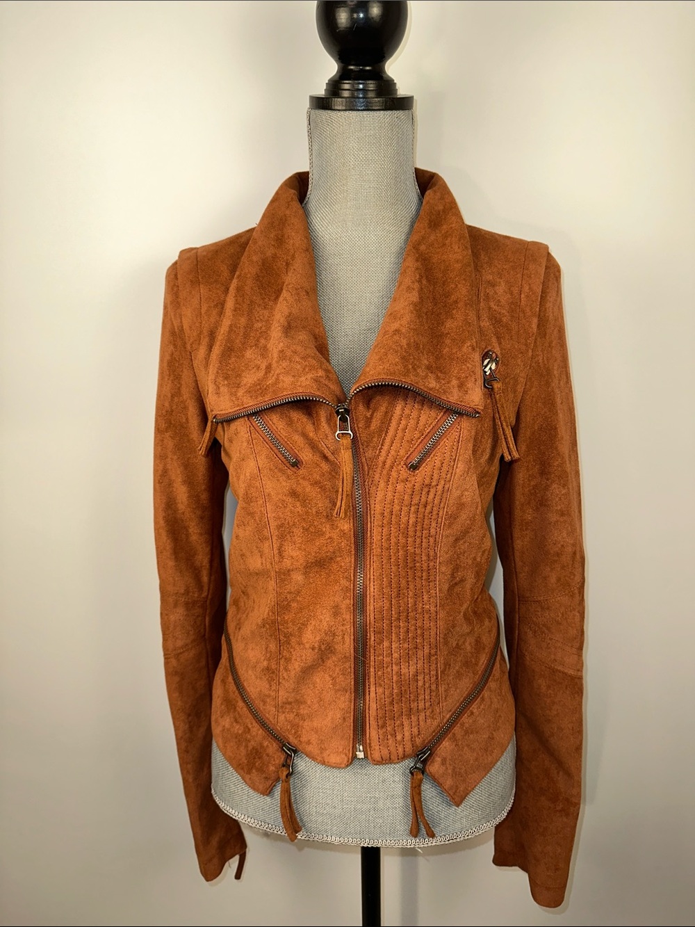 Solemio Women's Suede-Look Moto Jacket in Rust Ultra Suede
